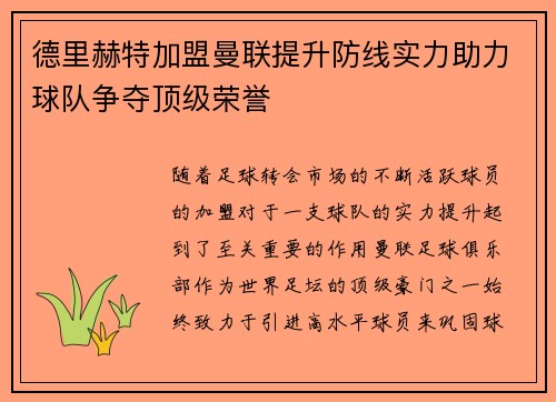 德里赫特加盟曼联提升防线实力助力球队争夺顶级荣誉 德里赫特加盟曼联提升防线实力助力球队争夺顶级荣誉