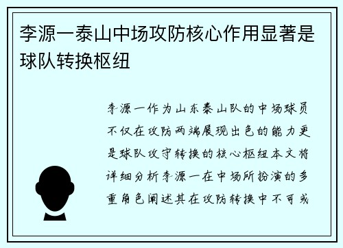 李源一泰山中场攻防核心作用显著是球队转换枢纽 李源一泰山中场攻防核心作用显著是球队转换枢纽